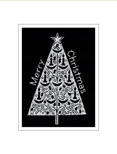 J & J Cash woven Christmas card, with words, and image of a silver coloured Christmas tree, and titled: CHRISTMAS TREE