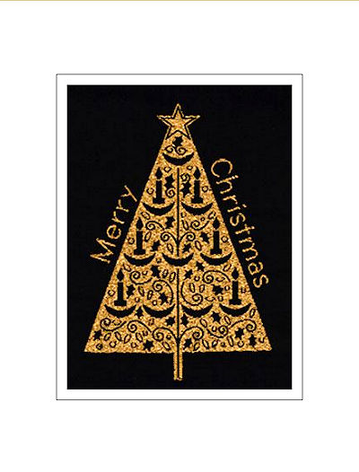 J & J Cash woven Christmas card, with words, and image of a gold coloured Christmas tree, and titled: CHRISTMAS TREE