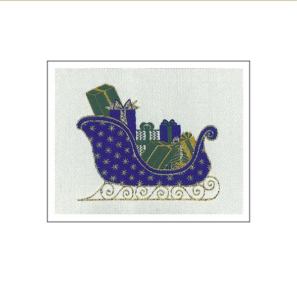J & J Cash woven Christmas card, with no words, and a contemporary picture of a sleigh and presents, and titled: SLEIGH
