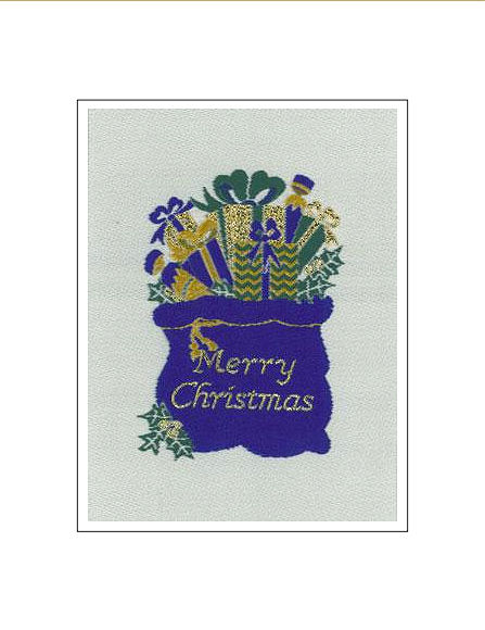 J & J Cash woven Christmas card, with words, and image of a large sack with lots of presents, and titled: SANTA SACK
