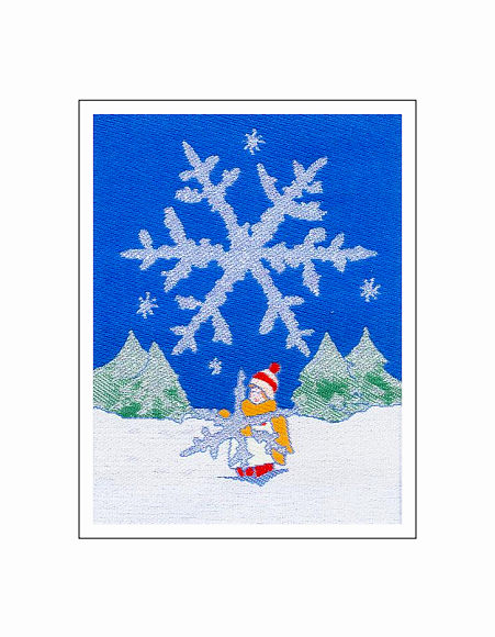 J & J Cash woven Christmas card, with no words, and image of a snowflake, and titled: SNOW FLAKE