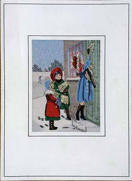 J & J Cash woven Christmas card, with no words, but image of Children knocking on front door