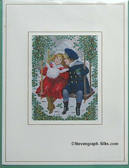 J & J Cash woven Christmas card, with no words, but image of Children on swing