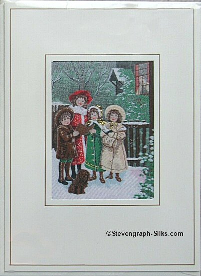 J & J Cash woven Christmas card, with no words, but image of Children singing