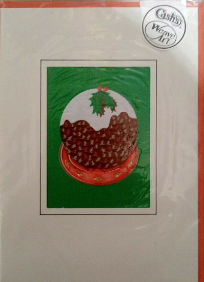J & J Cash woven Christmas card, with no words, but image of a Christmas Pudding