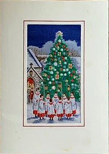 J & J Cash woven card, with no words, but picture of carol singers round a decorated tree