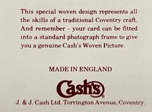 view of reverse back cover of this J & J Cash woven greetings card