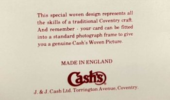 view of reverse back cover of this J & J Cash woven greetings card