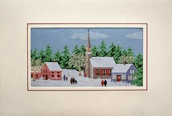 J & J Cash woven Christmas card, with no words, just image of a church with houses and woodland