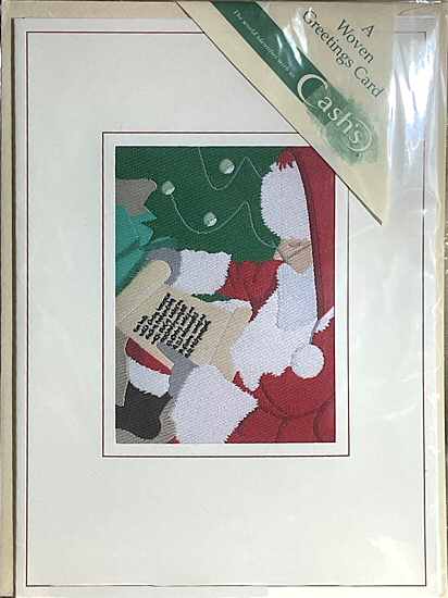 J & J Cash woven Christmas card, with no words, just image of Father Christmas reading a present list