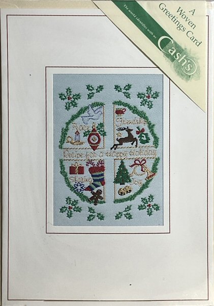 J & J Cash woven Christmas card, with words, " Recipe for a Happy Holiday "