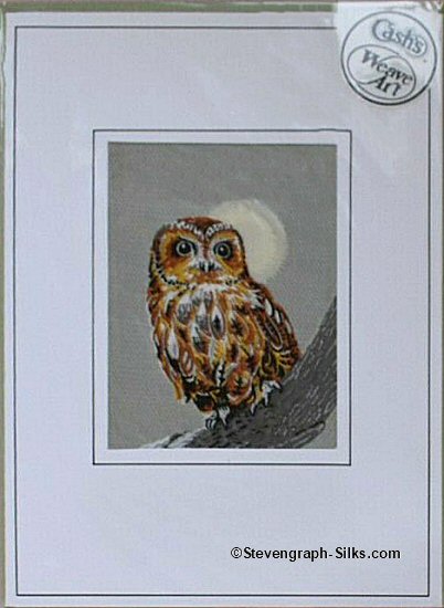 J & J Cash woven card, with no words, but picture of a Tawny Owl in moonlight