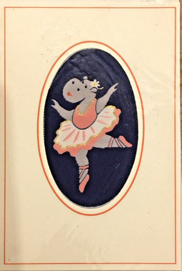 J & J Cash woven Nostalgic card, with no words, but woven image of a ballerina hippopotamus