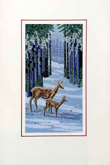 J & J Cash woven card, with no words, but picture of a deer & foal, in a snow covered forest