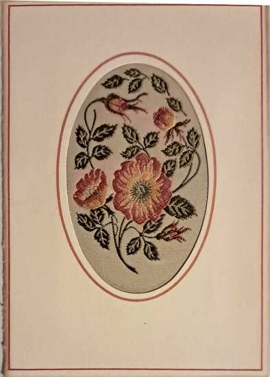 J & J Cash woven flower card, with no title words, but picture of orange roses