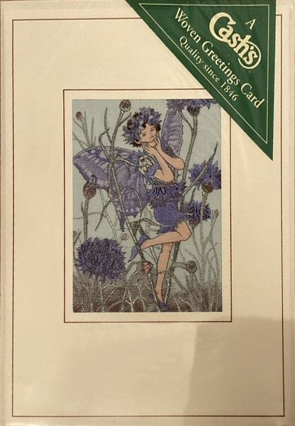 J & J Cash woven card, with no words, with image of a Cornflower Flower Fairy
