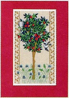 J & J Cash woven flower card, with no woven title words, just image of red background Unknown flowering tree with small bird