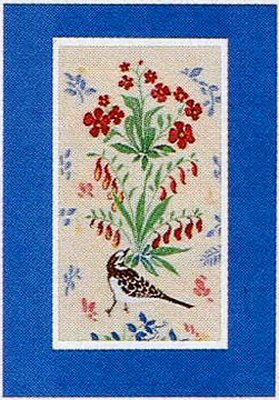 J & J Cash woven flower card, with no woven title words, just image of blue background Unknown flowers with bird