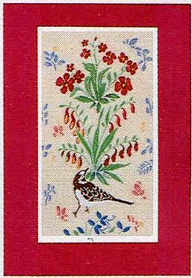 J & J Cash woven flower card, with no woven title words, just image of red background Unknown flowers with bird