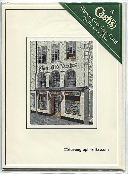 J & J Cash woven card, with image of a shop with Three Old Arches words above the entrance
