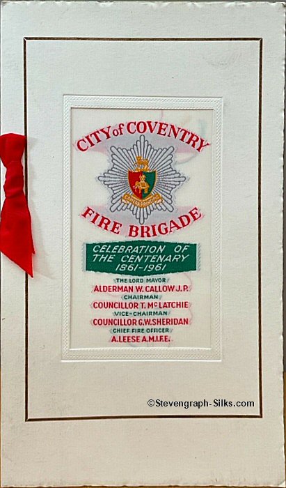 J & J Cash woven card for the City Of Coventry Fire Brigade Centenary Dinner and Dance