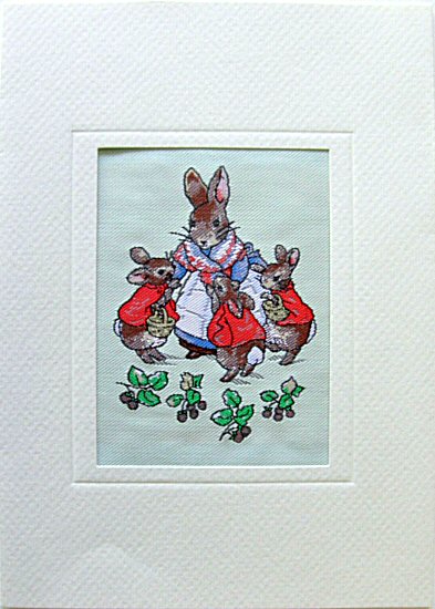 J & J Cash woven card, with no words, just image of Peter Rabbit's family