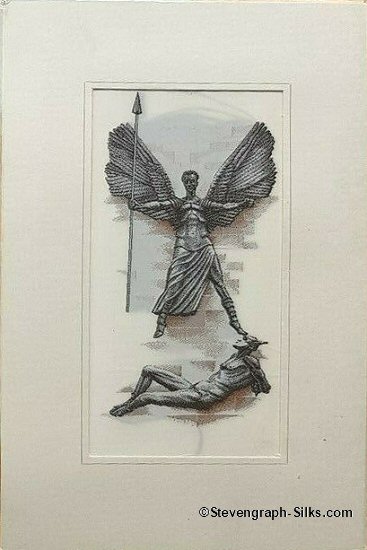 J & J Cash woven card, with image of the 1958 St. Michael & devil bronze sculpture on the outside of Coventry Cathedral