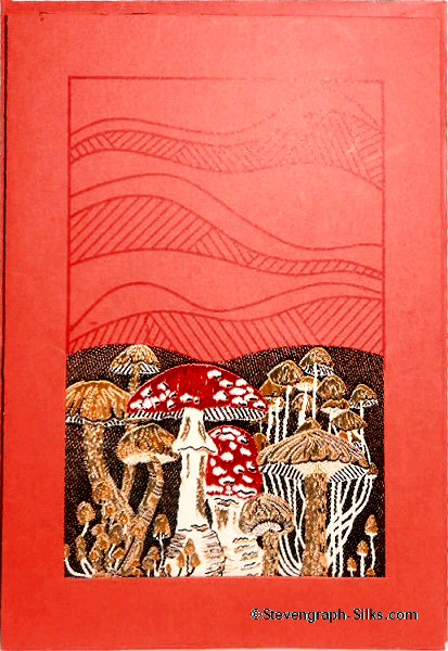 J & J Cash woven card with no words, just image of Toadstools in landscape