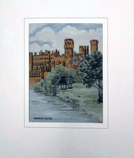 J & J Cash woven card, with title words, WARWICK CASTLE, and view of the castle from the river