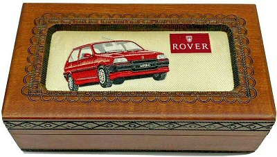 J & J Cash wooden box with woven picture of a red Rover Austin Metro car