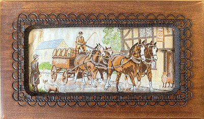 J & J Cash wooden box with woven picture of the village inn