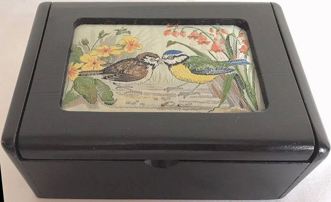 J & J Cash wooden box with woven picture of a sparrow and a blue-tit