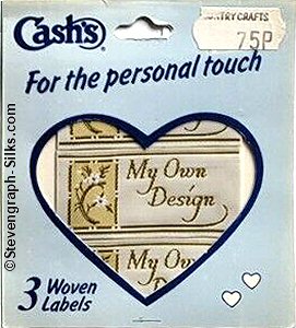 J & J Cash woven saw-on label with words: MY OWN DESIGN