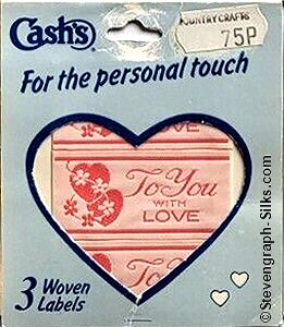 J & J Cash woven saw-on label with words: TO YOU WITH LOVE