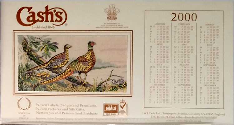 J & J Cash woven picture of a pair of pheasants, with printed calendar for the year 2000