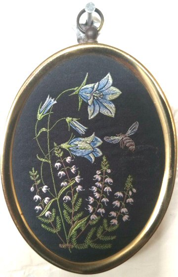 J & J Cash woven silk oval brooch of Moorland European Wild Flowers, Harebell & Heather