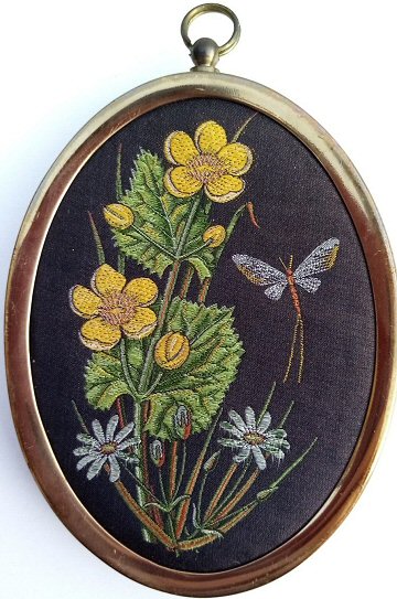 J & J Cash woven silk oval brooch of Waterside European Wild Flowers - Marsh Marigold & Marsh Stitchwort