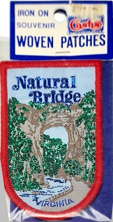 J & J Cash woven saw-on label with words: Natural Bridge, Virginia