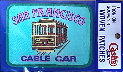 J & J Cash woven saw-on label with words: San Francisco