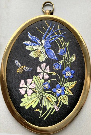 J & J Cash woven silk oval brooch of Wayside North American Wild Flowers - Columbine, Wild Pink & Jacob's Ladder