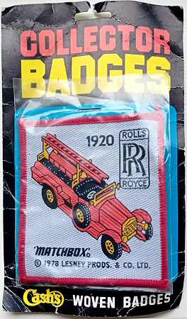J & J Cash woven saw-on label with Matchbox name, and image of a Rolls Royce fire engine