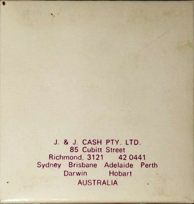printing on back of the pack containing these six coasters, with the printed J & J Cash Australian name and address