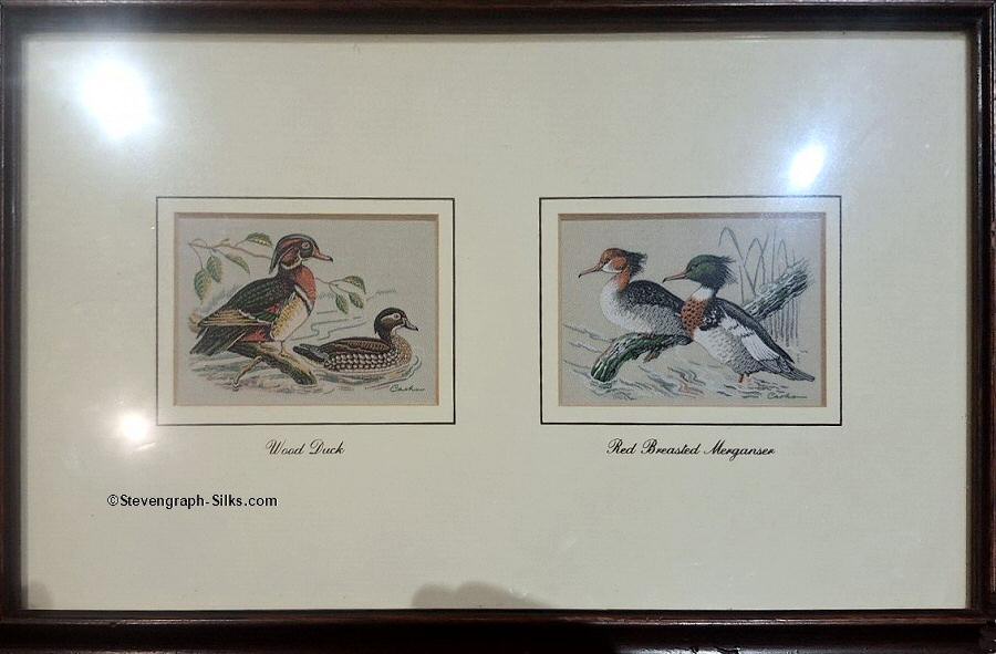 J & J Cash woven picture with two pictures in one frame; being a pair of Wood Duck and Merganser