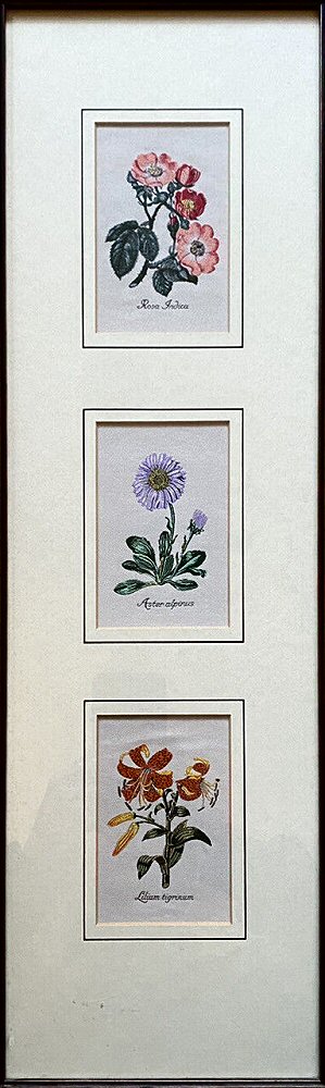 J & J Cash woven picture with three pictures in one frame; being Rosa, Aster & Lilium Victorian flowers