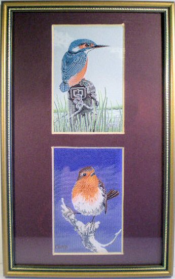 J & J Cash woven picture with two pictures in one frame; being a  Kingfisher & Robin