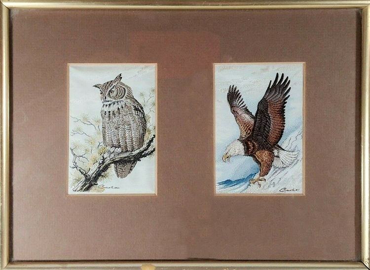 J & J Cash woven picture with two pictures in one frame; being a Great Horned Owl with Bald Eagle