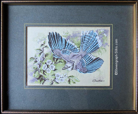 J & J Cash woven picture of a bird, with no words, but image of a Blue Jay