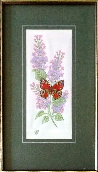 J & J Cash woven picture with no words, but image of a Peacock butterfly & purple flowers