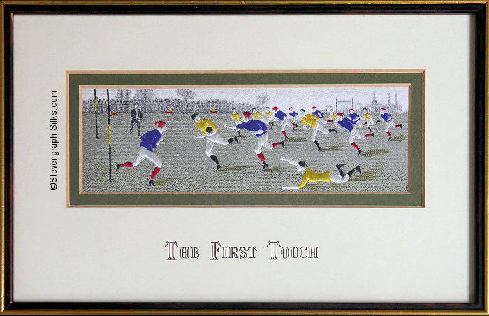 J & J Cash woven picture with The First Touch title words, and image of an old fashioned rugby football match