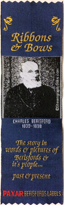 advertising bookmark with title words and woven portrait of Charles Berisford